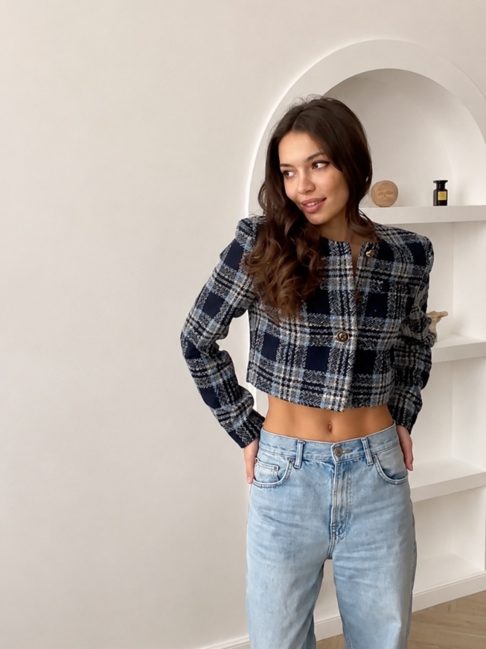 Blue Plaid Cropped Tweed Jacket